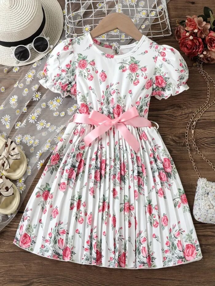 Flower Gown Elegant Floral Fit Dress for Girls with Belt