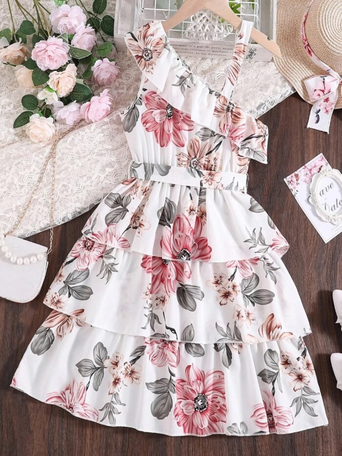 Flower Gown Elegant Floral Fit Dress for Girls with Belt