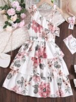 Flower Gown Elegant Floral Fit Dress for Girls with Belt
